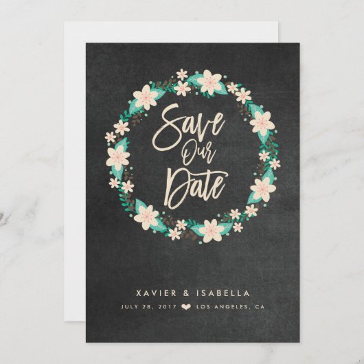 Blauwe Floral met de waarschuwing Datum Save The Date (Voorkant / Achterkant)