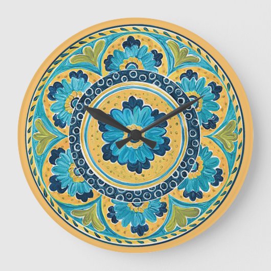 Blauwe Floral Mexicaanse Tegel Grote Klok (Voorkant)