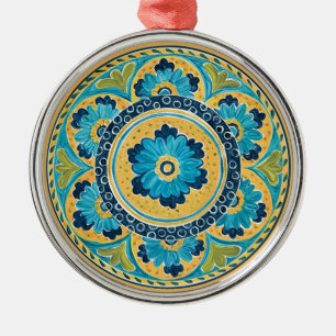 Blauwe Floral Mexicaanse Tegel Metalen Ornament