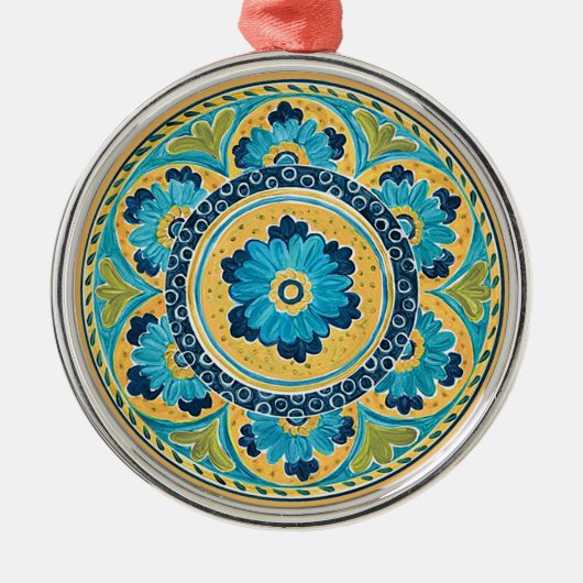 Blauwe Floral Mexicaanse Tegel Metalen Ornament (Voorkant)