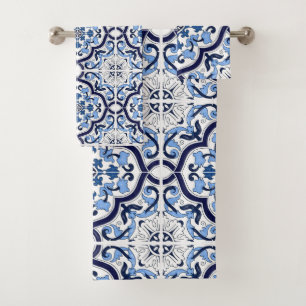 Blauwe Floral Middellandse Zee Siciliaanse Tegel Bad Handdoek