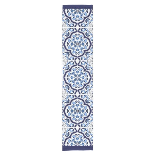 Blauwe  Floral Middellandse Zee Siciliaanse Tegel Korte Tafelloper (Voorkant)