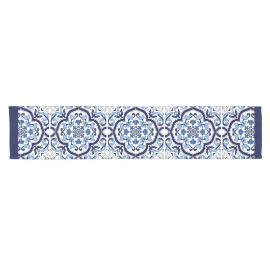 Blauwe  Floral Middellandse Zee Siciliaanse Tegel Korte Tafelloper (Horizontaal)