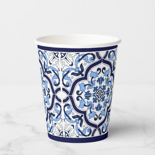 Blauwe Floral Middellandse Zee Siciliaanse Tegel Papieren Bekers (Achterkant)