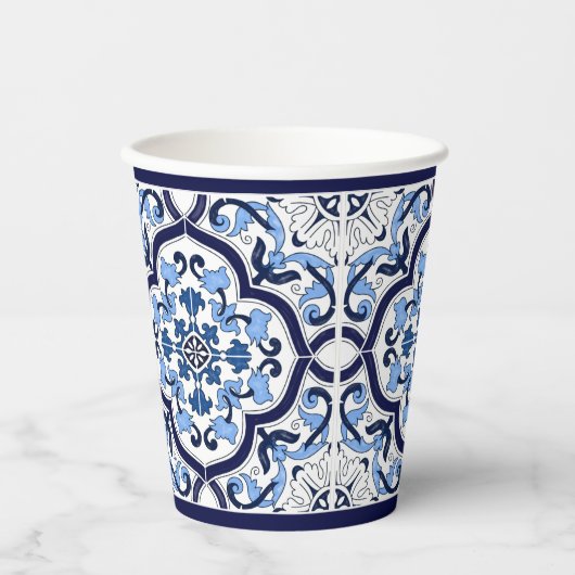 Blauwe Floral Middellandse Zee Siciliaanse Tegel Papieren Bekers (Voorkant)