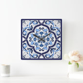 Blauwe  Floral Middellandse Zee Siciliaanse tegel Vierkante Klok (Huis)