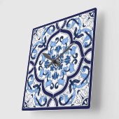 Blauwe  Floral Middellandse Zee Siciliaanse tegel Vierkante Klok (Hoek)