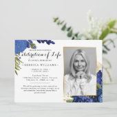 Blauwe Floral Modern Foto Viering van het leven Kaart (Staand voorkant)
