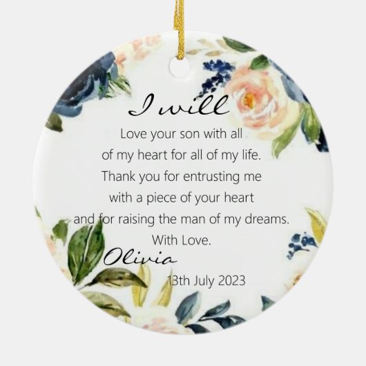 Blauwe Floral moeder van de bruidbruidbruidbruinbr Keramisch Ornament (Achterkant)