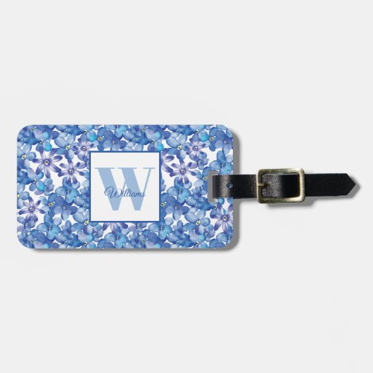 Blauwe Floral Monogram Bagagelabel (Voorkant horizontaal)