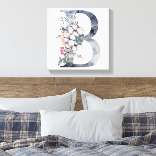 Blauwe Floral Monogram Initiaal B Canvas Afdruk (Insitu (Slaapkamer))