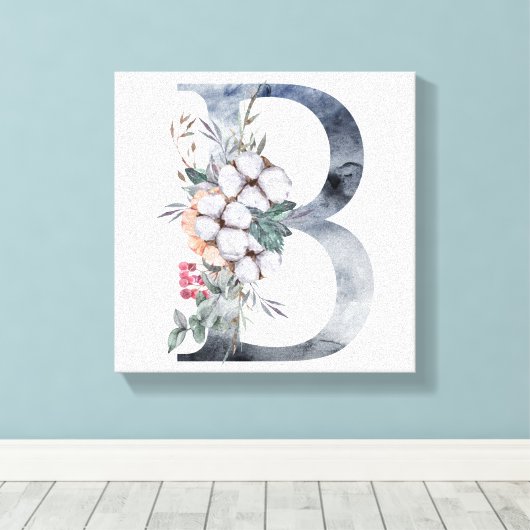 Blauwe Floral Monogram Initiaal B Canvas Afdruk (Insitu (Houten vloer))