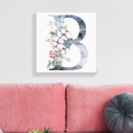 Blauwe Floral Monogram Initiaal B Canvas Afdruk (Insitu (Woonkamer))