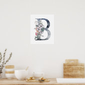 Blauwe Floral Monogram Initiaal B Poster (Keuken)