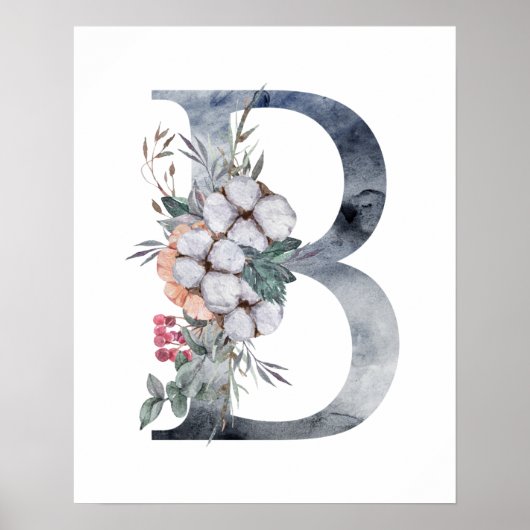 Blauwe Floral Monogram Initiaal B Poster (Voorkant)