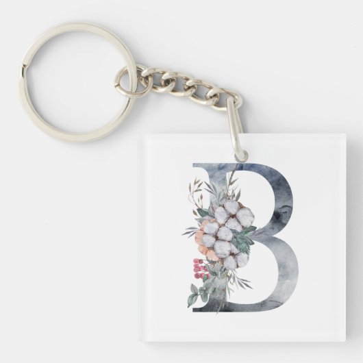 Blauwe Floral Monogram Initiaal B Sleutelhanger (voorkant)