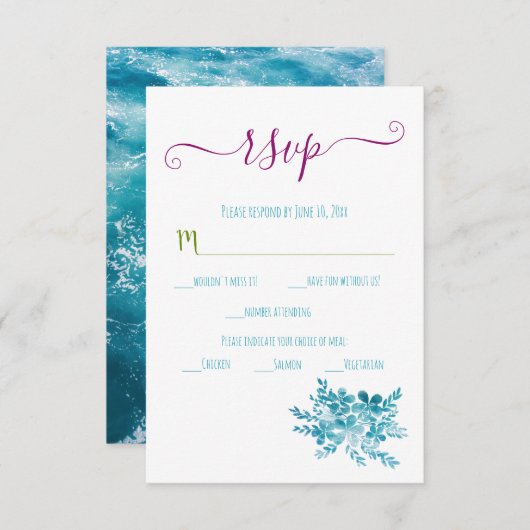 Blauwe Floral Ocean Wedding RSVP Kaartje (Voorkant / Achterkant)