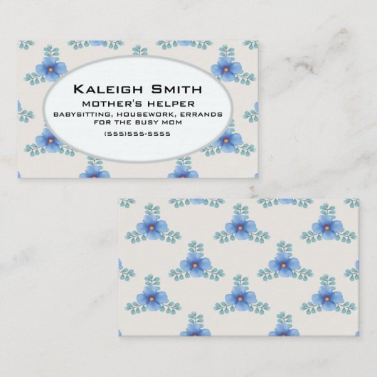Blauwe Floral op White Moeders Helper Contactkaartje (Voorkant / Achterkant)