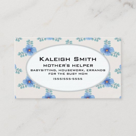 Blauwe Floral op White Moeders Helper Contactkaartje (Voorkant)