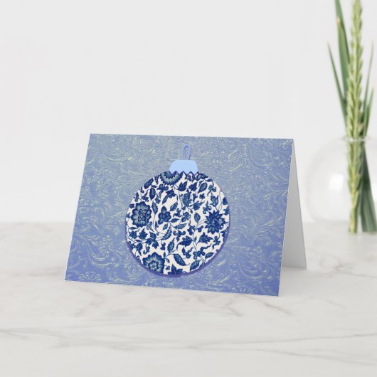  Blauwe Floral Ornament Kerstmis Kaart (Voorkant)