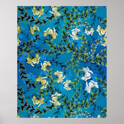  Blauwe Floral Pattern Illustratie Poster (Voorkant)