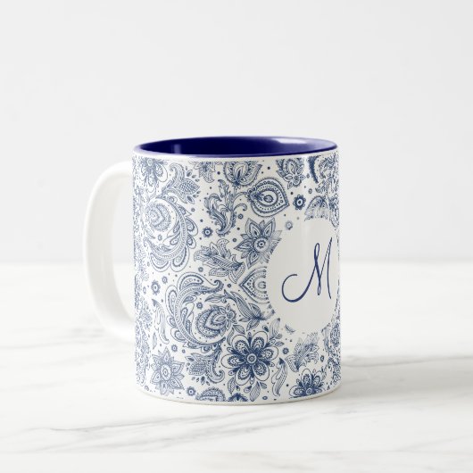 Blauwe  Floral Pattern Monogram 2-toon Mok (Voorkant links)