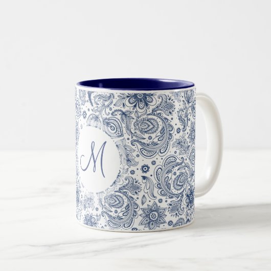 Blauwe  Floral Pattern Monogram 2-toon Mok (Voorkant rechts)