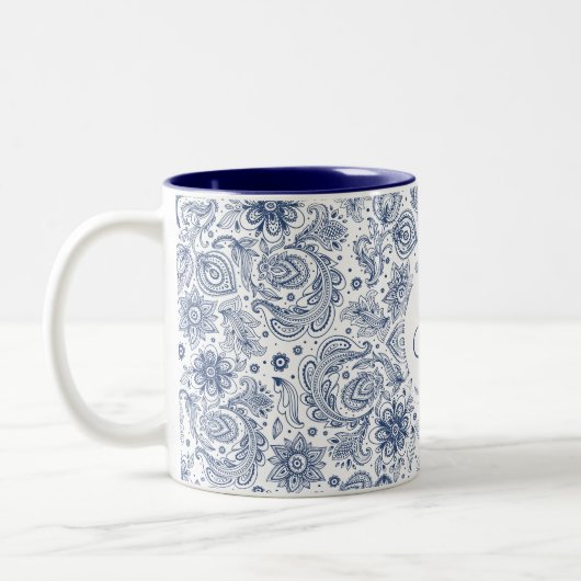 Blauwe  Floral Pattern Monogram 2-toon Mok (Links)