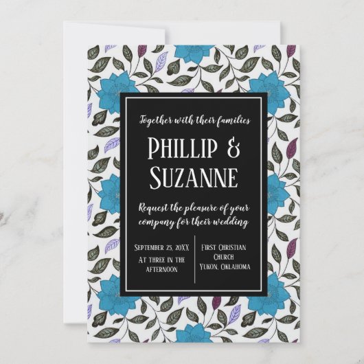 Blauwe  Floral Pattern Wedding Kaart (Voorkant)
