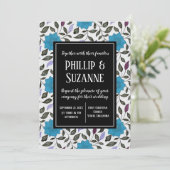 Blauwe  Floral Pattern Wedding Kaart (Staand voorkant)