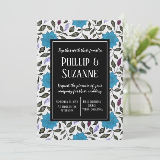 Blauwe  Floral Pattern Wedding Kaart (Staand voorkant)