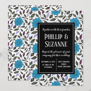 Blauwe  Floral Pattern Wedding Kaart