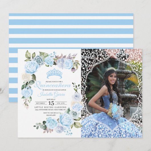Blauwe Floral Quinceanera Birthday Foto Invitatio  Kaart (Voorkant / Achterkant)