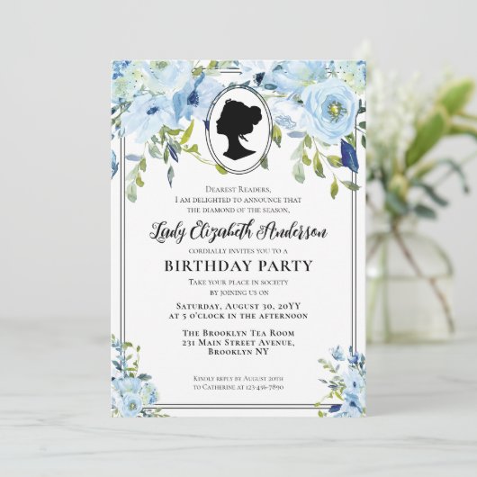 Blauwe Floral Regency Society Birthday Kaart (Staand voorkant)