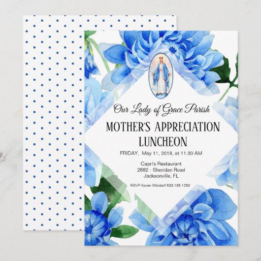 Blauwe Floral | Religie | Virgin Mary Invitation Kaart (Voorkant / Achterkant)