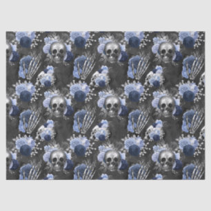 Blauwe Floral Skulls en Hands Dark Grey Decoupage Tissuepapier