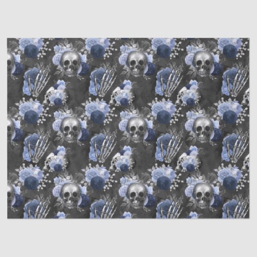 Blauwe Floral Skulls en Hands Dark Grey Decoupage Tissuepapier (Voorkant)