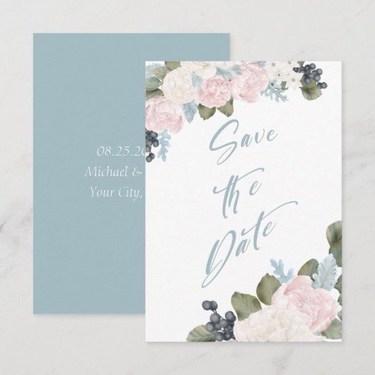 Blauwe Floral sla de datum niet Foto op Save The Date (Voorkant / Achterkant)