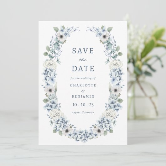 Blauwe Floral slaat de datum op Save The Date (Staand voorkant)