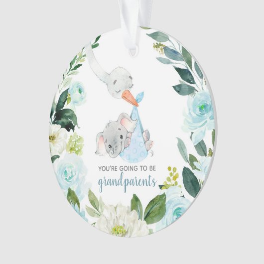 Blauwe Floral Stork Je wordt grootouders Ornament (voorkant)