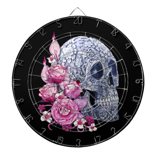 Blauwe Floral Sugar Skull Pink Flowers Dartbord (Voorkant)