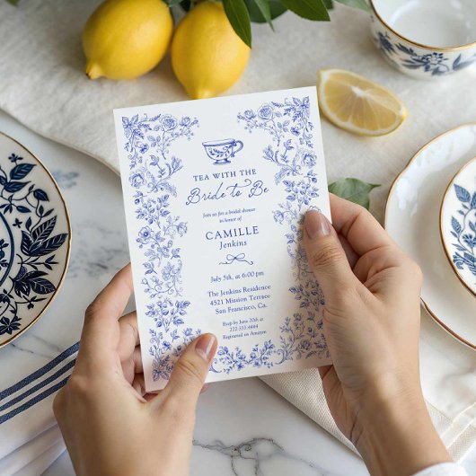 Blauwe Floral Tea Party Bridal Shower Kaart