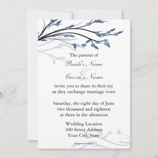 Blauwe Floral Tree Branches Wedding Invitations Kaart (Voorkant)
