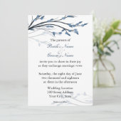 Blauwe Floral Tree Branches Wedding Invitations Kaart (Staand voorkant)
