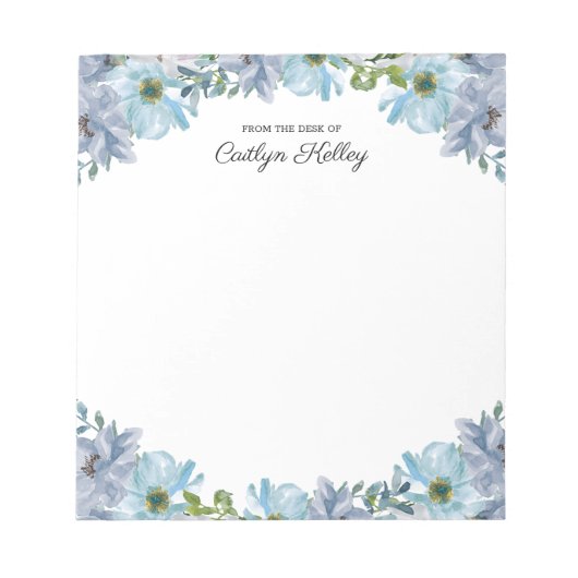 Blauwe Floral van het bureau van, gepersonaliseerd Notitieblok (Voorkant)