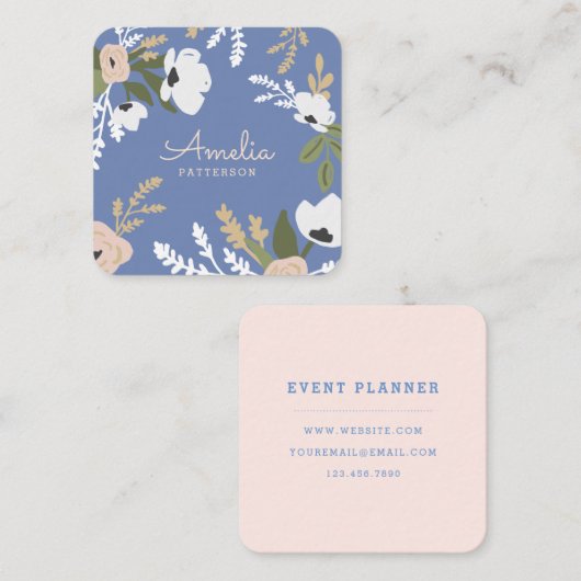 Blauwe Floral Vierkante Visitekaartje (Voorkant / Achterkant)