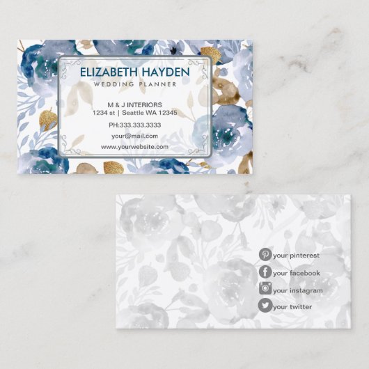 Blauwe  Floral Visitekaartje (Voorkant / Achterkant)