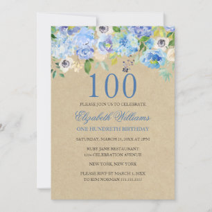 Blauwe Floral Waterverf 100th Birthday Invite Kaart