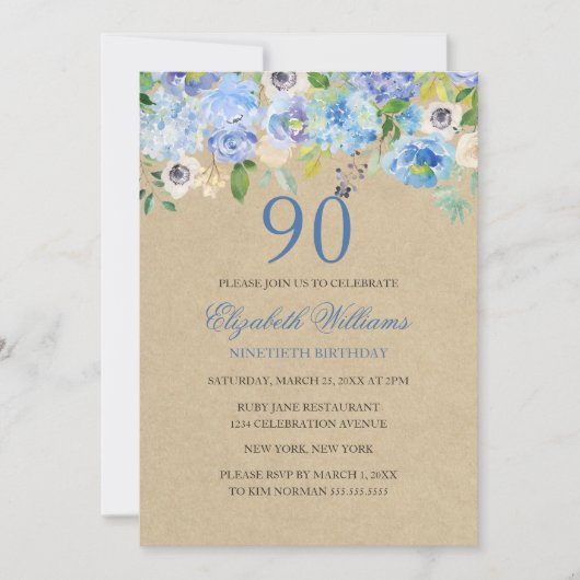 Blauwe Floral Waterverf 90th Birthday Invite Kaart (Voorkant)