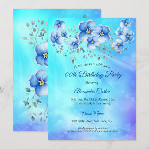 Blauwe Floral Waterverf Birthday Party Kaart